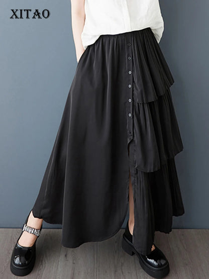XITAO Irregular Button Elastic Waist Skirt Casual A-line Solid Color New Arrival Loose Comfortable Patchwork Women Skirt GYX1624