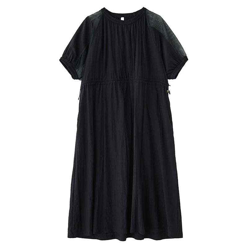 XITAO O-neck Short Sleeve Patchwork Dress Loose Simple Temperament Drawstring Women Solid Color Vintage Summer Dress ZMY1215