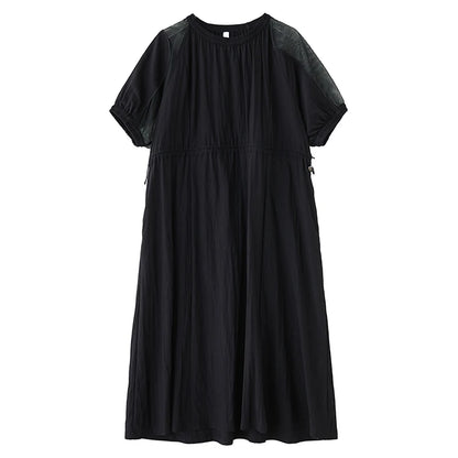 XITAO O-neck Short Sleeve Patchwork Dress Loose Simple Temperament Drawstring Women Solid Color Vintage Summer Dress ZMY1215