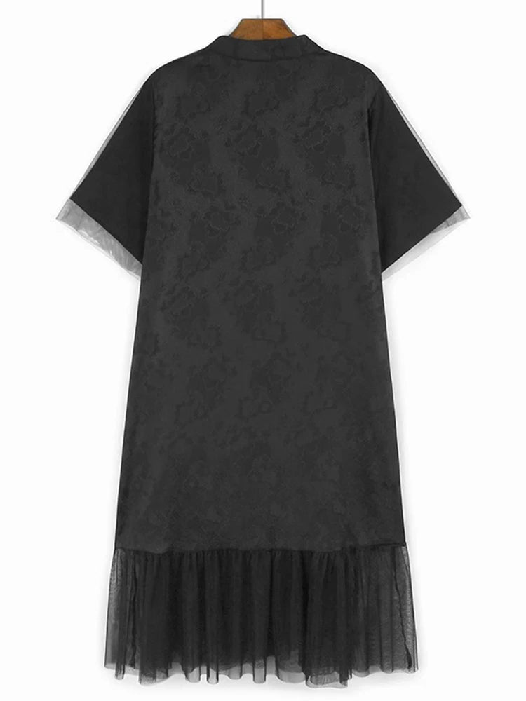 XITAO Mesh Patchwork Stand Collar Dress Casual New Chinese Style Asymmetrical A-line All Match Summer Women Dress ZMY1203