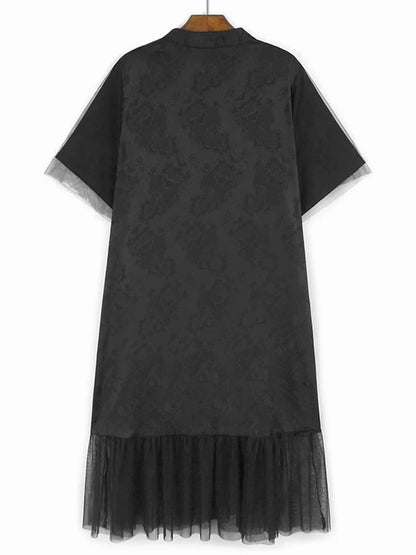XITAO Mesh Patchwork Stand Collar Dress Casual New Chinese Style Asymmetrical A-line All Match Summer Women Dress ZMY1203