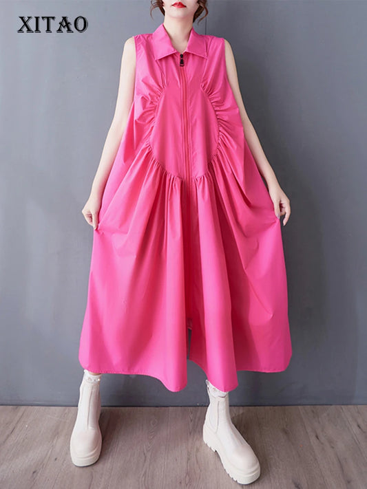 XITAO Zipper Pleated Lapel Dress Casual Sleeveless Solid Color Turn-down Collar A-line New Patchwork Summer Female Dress GYX1549
