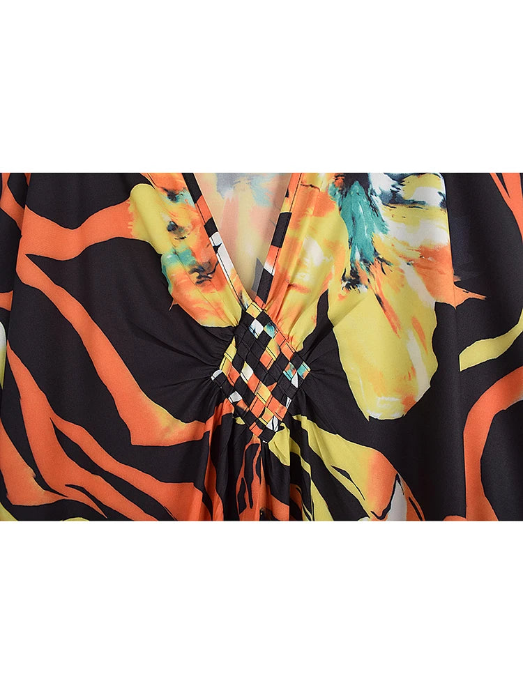 XITAO V-neck Print Loose Dress Bat Wing Sleeve Pullover Casual Full Sleeve Temperament Flower Trend Summer Woman Dress GJ1194