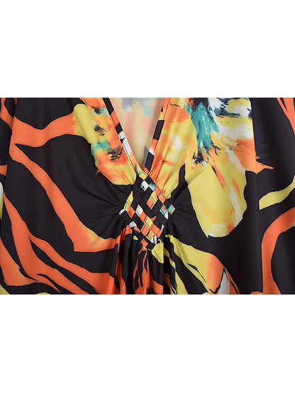 XITAO V-neck Print Loose Dress Bat Wing Sleeve Pullover Casual Full Sleeve Temperament Flower Trend Summer Woman Dress GJ1194