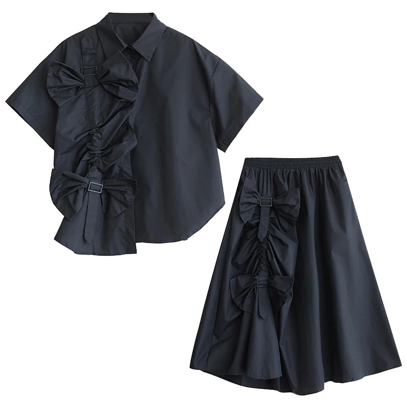 XITAO Floral Pleated Single Breasted Matching Set Casual Turn-down Collar A-line Half Sleeve New Korea Summer Female Set GYX1546
