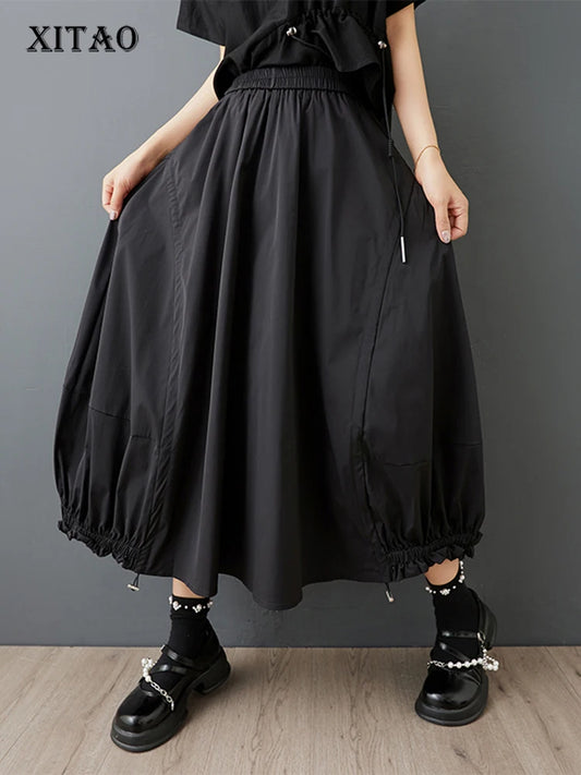 XITAO Shirring Edible Tree Fungus Patchwork Skirt Solid Color Elastic Waist Loose A-line Temperament Slim Casual Skirt ZMY1230
