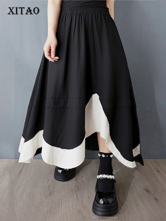 XITAO Asymmetric Patchwork Contrast Color Skirt Casual A-line Elastic Waist Fashion Mid-calf Goth Spring Women Skirt GYX1571