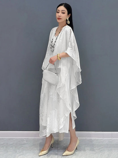 XITAO Jacquard Asymmetrical Folds Pullover Dress Solid Color O-neck Loose Temperament All Match Slimming Casual Dress ZMY1178