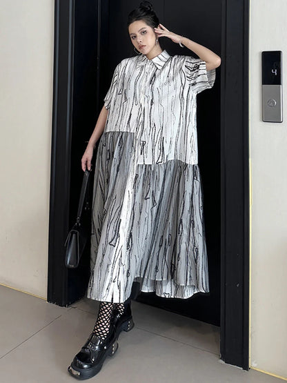 XITAO Asymmetrical Gauze Splicing Shirt Dress Fashion Striped Sprint Women Shirt Sleeve Loose Turn-down Collar Dress WLD20197