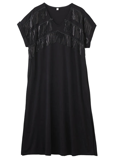 XITAO Tassel Patchwork V-neck Pullover Dress Solid Color Short Sleeve Pocket Side Split Temperament Slimming Women Dress ZMY1350