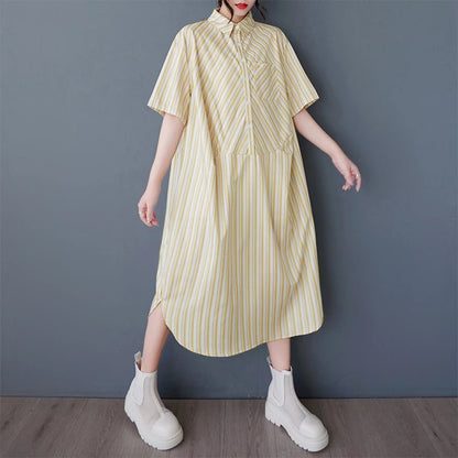 XITAO Patchwork Print Stripe Pullover Dress Turn-down Collar A-line Casual Half Sleeve Leisure New Summer Female Dress GYX1572
