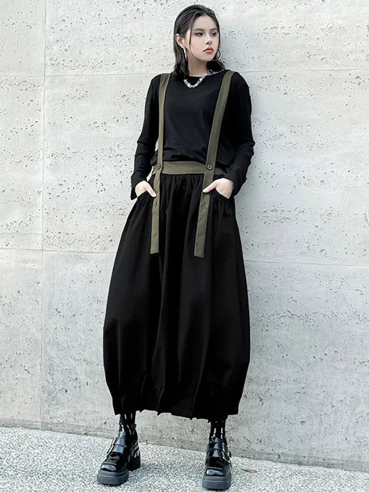 XITAO Straps Pleated Contrast Color Skirt Casual Loose Fitting A-line Elastic Waist Leisure Summer Female Skirt GYX1540