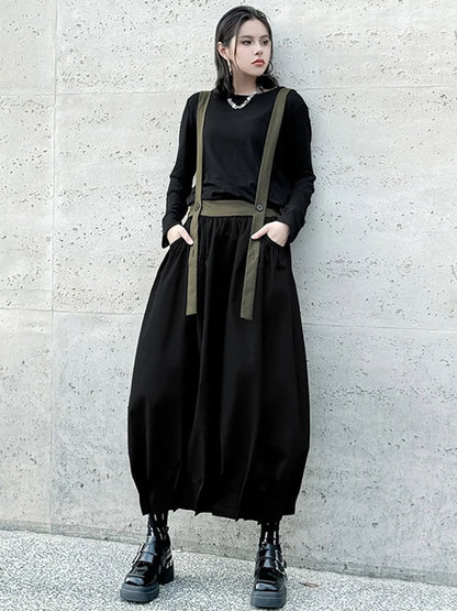 XITAO Straps Pleated Contrast Color Skirt Casual Loose Fitting A-line Elastic Waist Leisure Summer Female Skirt GYX1540