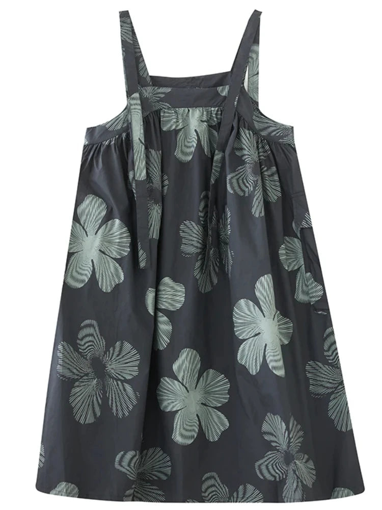XITAO Print Straps Fold Flower A-line Dress Casual Sleeveless Mid-calf Square Neck Loose Simple Summer Women Dress GMM1327