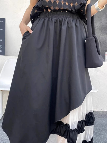 XITAO Vintage Mesh Patchwork Skirt Fashion All-match Asymmetric Women Loose Korea Trend Elastic Waist A-line Skirt GYX1612