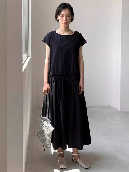XITAO Solid Color Drawstring Dress O-neck Simple Temperament Pullover Slimming Loose Summer Woman A-line Casual Dress ZMY1331