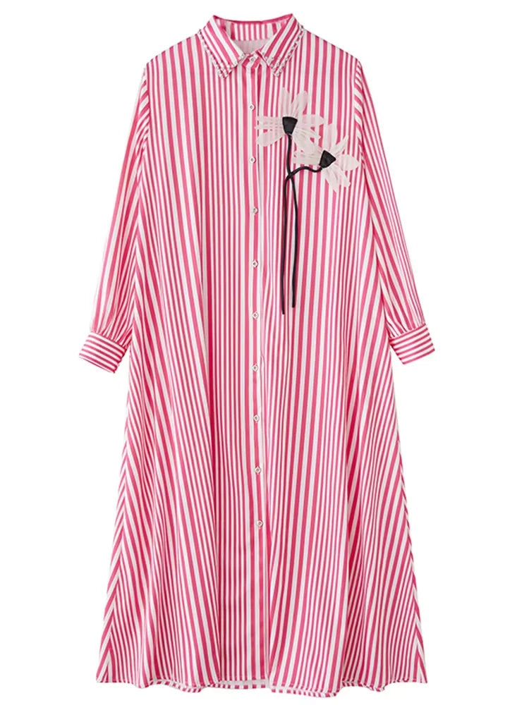 XITAO Stripe Single Breasted Flower Dress Casual Full Sleeve Turn-down Collar Loose Fitting Leisure Spring Female Dress GYX1524