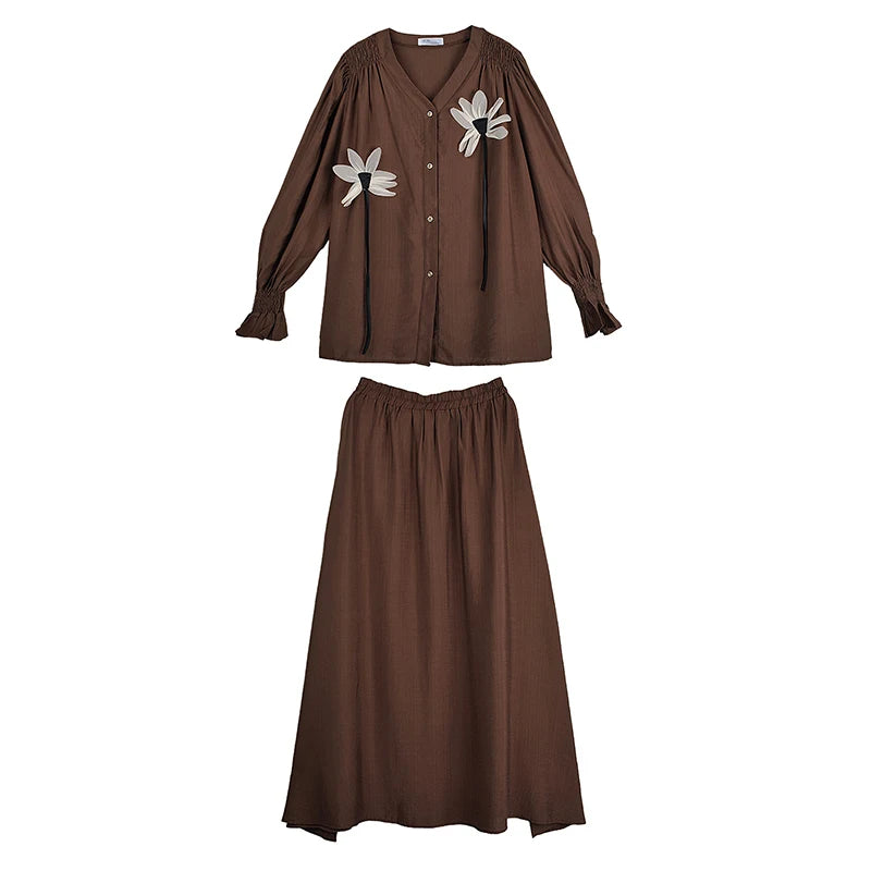 XITAO Flower Single Breasted V-neck Matching Set Casual Solid Color Full Sleeve Loose Fitting Elastic Waist Women Set GYX1632