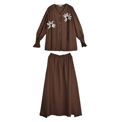 XITAO Flower Single Breasted V-neck Matching Set Casual Solid Color Full Sleeve Loose Fitting Elastic Waist Women Set GYX1632