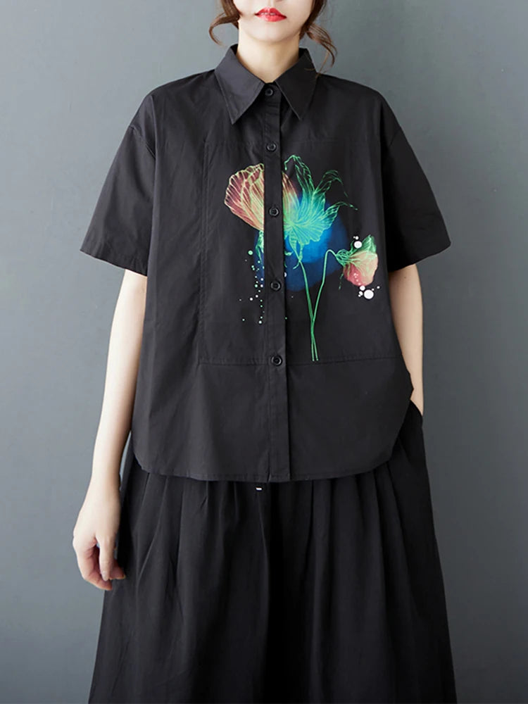 XITAO Print Single Breasted Shirt Casual Turn-down Collar Half Sleeve Simple Leisure Flower Thin Summer Female Shirt GYX1535