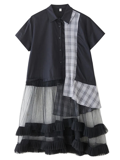XITAO Asymmetrical Gauze Patchwork Dress Fashion Short Sleeve Turn-down Collar Loose Casual All-match Summer Woman Dress ZMY1388