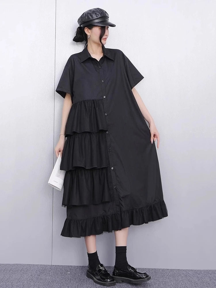 XITAO Patchwork Mesh Turn-down Collar Dress Single Breasted Pleated Short Sleeve Solid Color Fashion Summer Women Dress ZMY1200