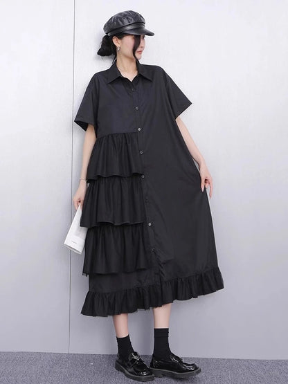 XITAO Patchwork Mesh Turn-down Collar Dress Single Breasted Pleated Short Sleeve Solid Color Fashion Summer Women Dress ZMY1200