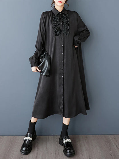 XITAO Loose Vintage Patchwork Shirt Dress Casual Solid Color All-match Single Breasted Women Long Sleeve A-line Dress GYX1562
