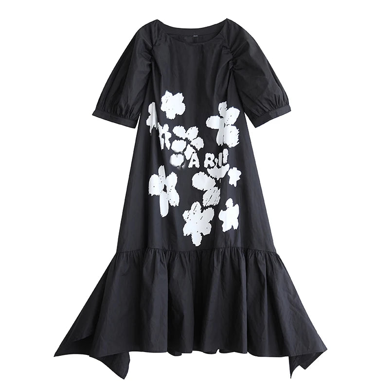 XITAO Asymmetrical Patchwork Print Folds Dress O-neck Pullover Short Sleeve Loose A-line Slimming Casual All Match GYX1623