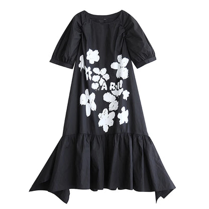 XITAO Asymmetrical Patchwork Print Folds Dress O-neck Pullover Short Sleeve Loose A-line Slimming Casual All Match GYX1623