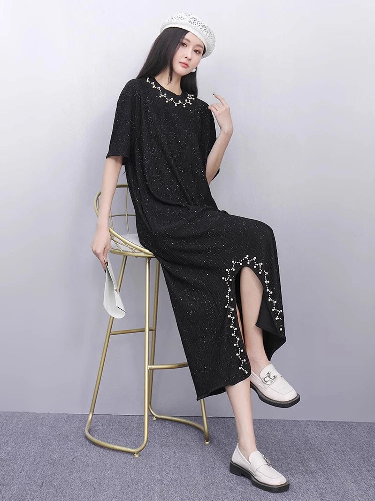 XITAO Embroidered Flares Patchwork Asymmetrical Dress Solid Color O-neck Pullover Slimming All Match Temperament Dress ZMY1186