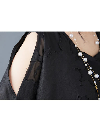 XITAO Asymmetrical Side Split Hollow Out Fold Women Dress Gauze Patchwork O-neck Pullover Loose Mid-calf Casual Dress ZMY1048