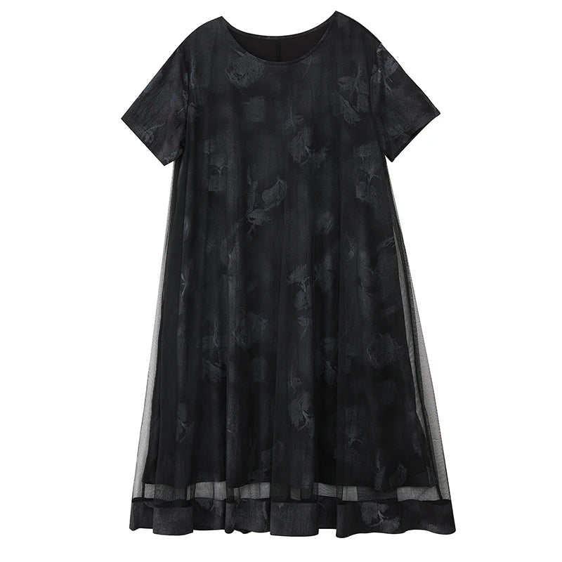 XITAO O-neck Mesh Patchwork Print Dress Loose Slimming Temperament Elegant Women Summer Short Sleeve Casual Dress HQQ2485