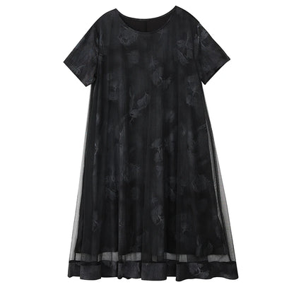 XITAO O-neck Mesh Patchwork Print Dress Loose Slimming Temperament Elegant Women Summer Short Sleeve Casual Dress HQQ2485