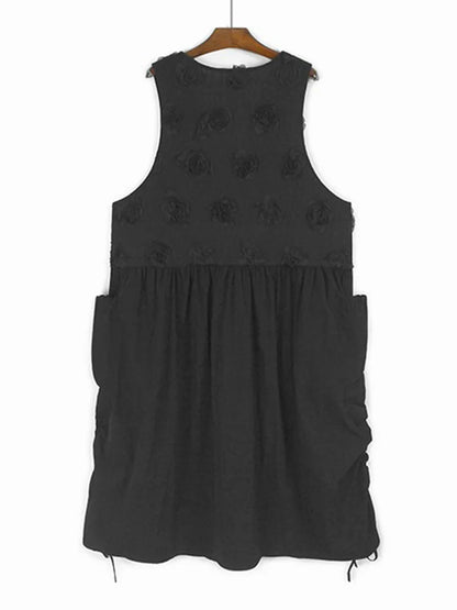 XITAO Loose Flower Patchwork Dress Casual Solid Color Pocket Drawstring Women O-neck Sleeveless Simple Temperament Dress HQQ2468
