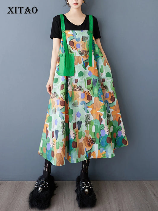 XITAO Print Pocket Sleeveless Dress Straps A-line Contrast Color Casual Loose Fitting All Match New Summer Women Dress HQQ2473