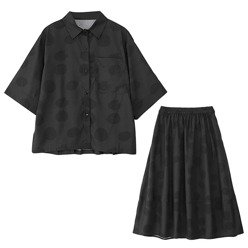 XITAO Polka Dot Print Pocket Patchwork Female Sets Turn-down Collar Short Sleeve Loose Top Elastic Waist Skirt HQQ2486