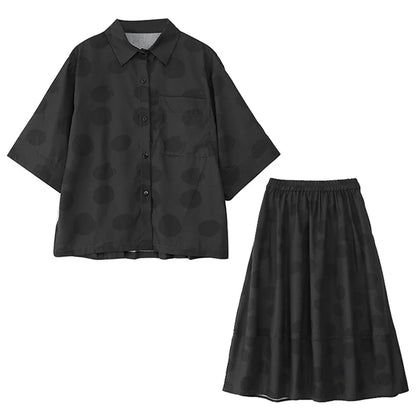 XITAO Polka Dot Print Pocket Patchwork Female Sets Turn-down Collar Short Sleeve Loose Top Elastic Waist Skirt HQQ2486