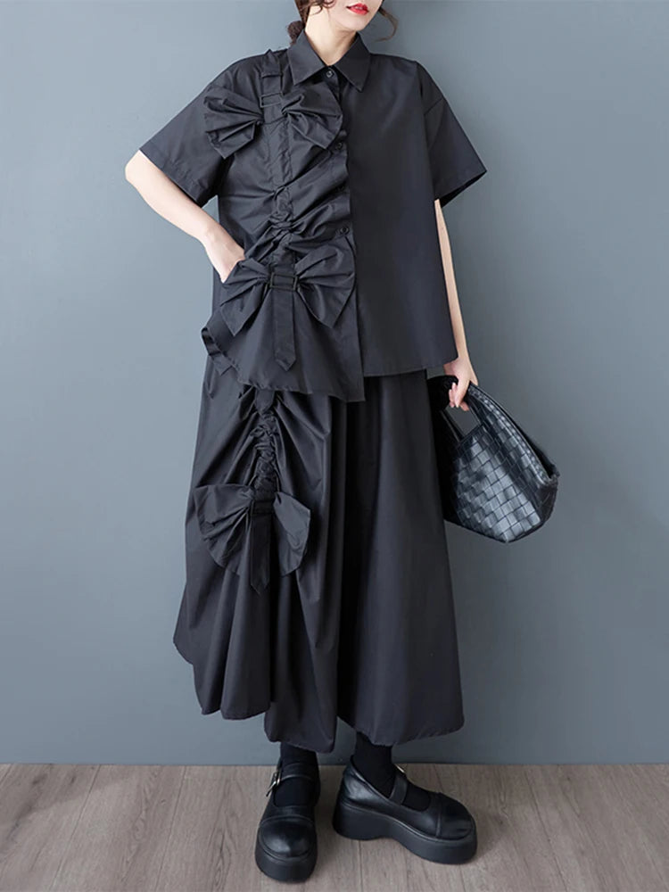 XITAO Floral Pleated Single Breasted Matching Set Casual Turn-down Collar A-line Half Sleeve New Korea Summer Female Set GYX1546