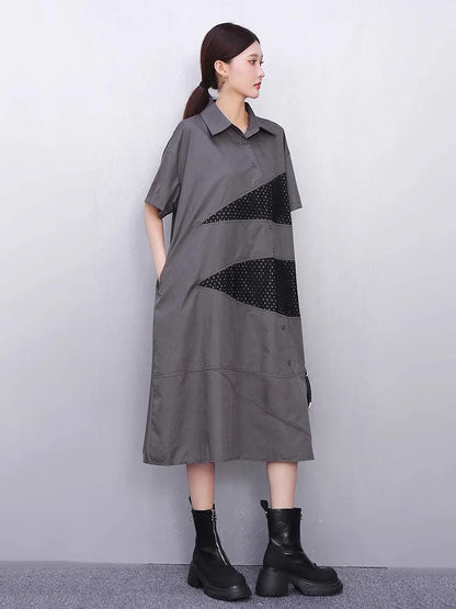 XITAO Hollow Out Patchwork Gauze Dress New Arrival Turn-down Collar Short Sleeve Pocket Loose Elegant Woman Woman Dress HQQ2512