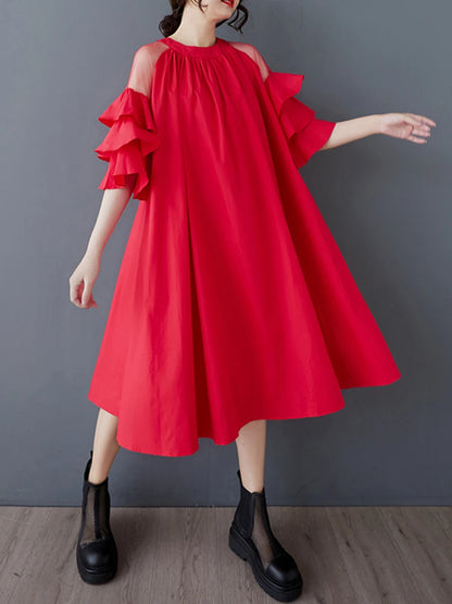 XITAO Mesh Patchwork O-neck Female Loose Dress Slimming A-line Simple Solid Color Women Temperament Elegant Dress ZMY1047