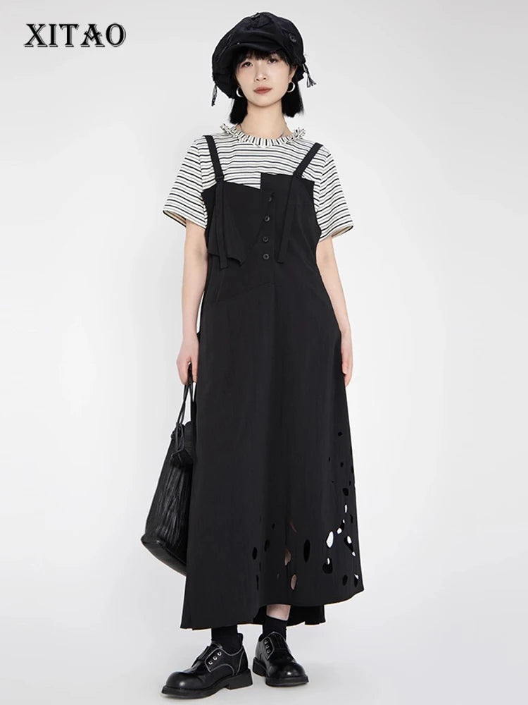 XITAO Hollow Out Sleeveless Irregular Dress Casual A-line Solid Color All-match Women Summer Temperament Slimming Dress HQQ2501