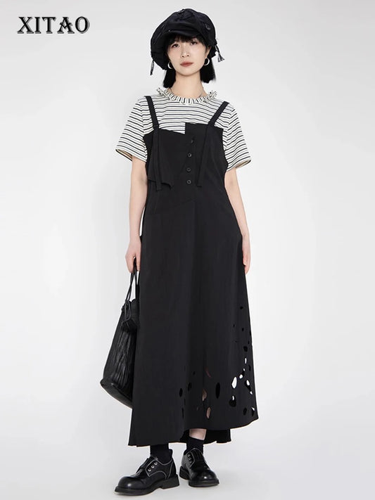 XITAO Hollow Out Sleeveless Irregular Dress Casual A-line Solid Color All-match Women Summer Temperament Slimming Dress HQQ2501