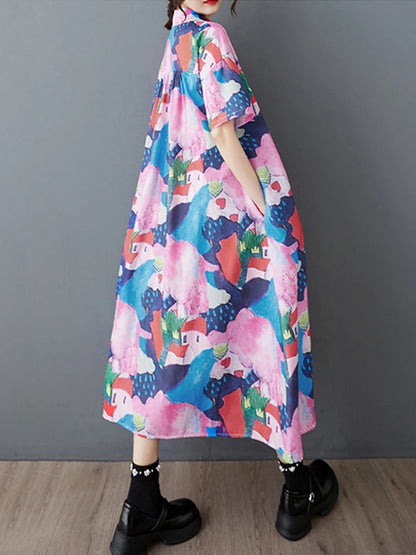 XITAO Loose Print Irregular Shirt Dress Casual A-line Single Breasted Women Summer Short Sleeve Turn-down Collar Dress ZMY1136
