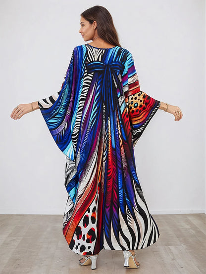 XITAO Contrast Color Print Batwing Sleeve Female Dress Pullover V-neck Loose Slim Temperament Summer Women Casual Dress GJ1145