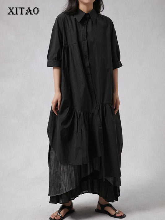 XITAO Irregular Pleated Turn-down Collar Dress Single Breasted Solid Color A-line Loose Half Sleeve Summer Female Dress GYX1656