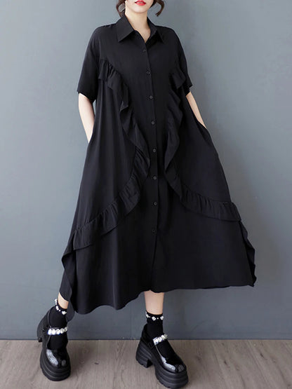 XITAO Irregular Edible Tree Fungus Shirt Dress Solid Color Loose Slimming Single Breasted Women Casual A-line Dress GYX1637