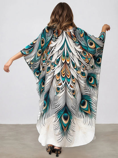 XITAO A-line Pullover Vintage Dress Peacock Print Side Slit Slimming New Arrival V-neck Casual Summer Woman Loose Dress GJ1183