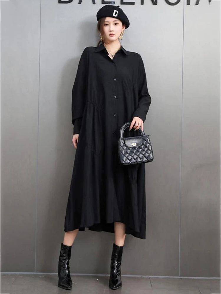 XITAO Pleated Lapel Single Breasted Dress Casual Loose Solid Color Full Sleeve Turn-down Collar Spring Women Dress GYX1582