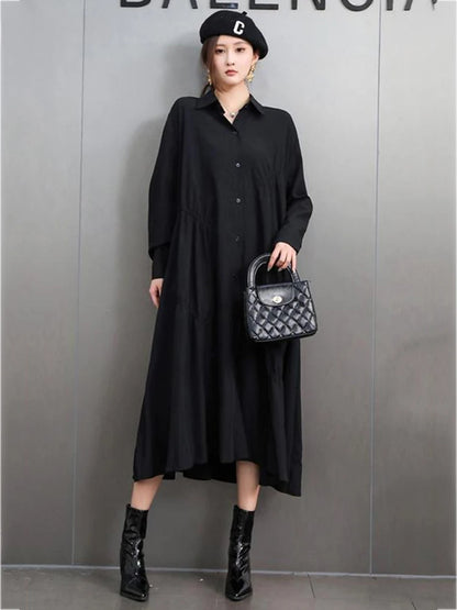 XITAO Pleated Lapel Single Breasted Dress Casual Loose Solid Color Full Sleeve Turn-down Collar Spring Women Dress GYX1582